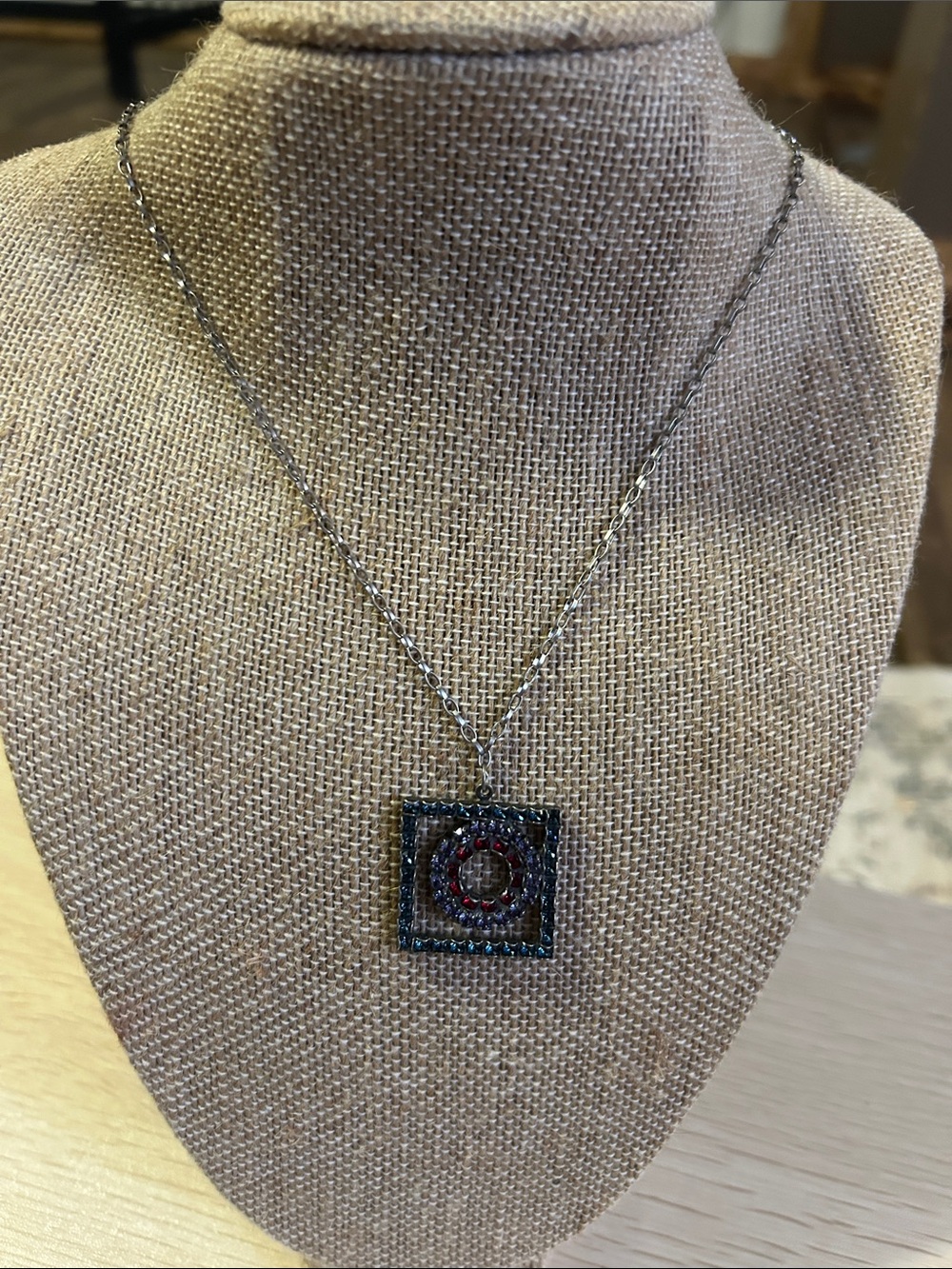 Sabika Silver-Tone Square Pendant Necklace with Multicolor Stones